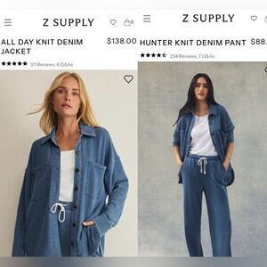 EUC Women's Z SUPPLY All Day Cotton Denim Knit Jacket Top & Pants Set size XS